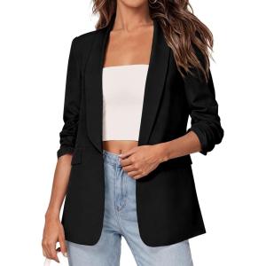 PRETTYGARDEN Women’s 2026 Spring Blazers Business Casual Outfits Open Front Ruched 3/4 Sleeve Lightweight Work Suits Jackets(Black)