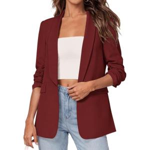 PRETTYGARDEN Women’s 2026 Spring Blazers Business Casual Outfits Open Front Ruched 3/4 Sleeve Lightweight Work Suits Jackets(Burgundy)
