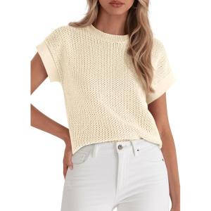 PRETTYGARDEN Women’s 2026 Spring Fashion Sweater Vest Business Casual Crochet Tops Cap Sleeve Knit Shirt Beach Summer Outfits(Beige)