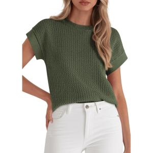 PRETTYGARDEN Women’s 2026 Spring Fashion Sweater Vest Business Casual Crochet Tops Cap Sleeve Knit Shirt Beach Summer Outfits(Green)