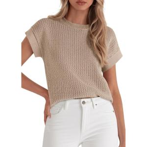 PRETTYGARDEN Women’s 2026 Spring Fashion Sweater Vest Business Casual Crochet Tops Cap Sleeve Knit Shirt Beach Summer Outfits(Khaki)