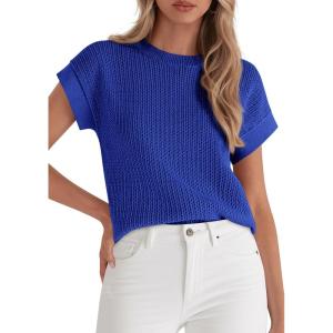 PRETTYGARDEN Women’s 2026 Spring Fashion Sweater Vest Business Casual Crochet Tops Cap Sleeve Knit Shirt Beach Summer Outfits(Royal Blue)