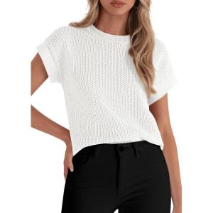 PRETTYGARDEN Women’s 2026 Spring Fashion Sweater Vest Business Casual Crochet Tops Cap Sleeve Knit Shirt Beach Summer Outfits(White)