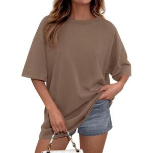 PRETTYGARDEN Womens 2026 Spring Going Out Tops Casual Short Sleeve Crewneck Loose Fit Basic Oversized T Shirts Summer Outfits(Brown)