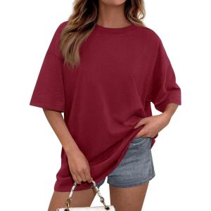 PRETTYGARDEN Womens 2026 Spring Going Out Tops Casual Short Sleeve Crewneck Loose Fit Basic Oversized T Shirts Summer Outfits(Burgundy)