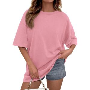 PRETTYGARDEN Womens 2026 Spring Going Out Tops Casual Short Sleeve Crewneck Loose Fit Basic Oversized T Shirts Summer Outfits(Pink)