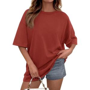 PRETTYGARDEN Womens 2026 Spring Going Out Tops Casual Short Sleeve Crewneck Loose Fit Basic Oversized T Shirts Summer Outfits(Rust Red)