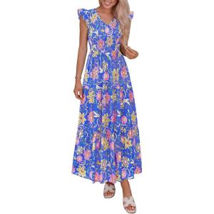 PRETTYGARDEN Women’s Boho Floral Maxi Dress 2026 Summer Smocked V Neck Ruffle Sleeve Spring Flowy Beach Vacation Sundresses(Blue)