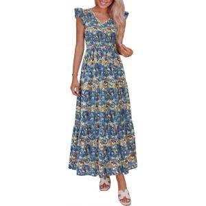 PRETTYGARDEN Women’s Boho Floral Maxi Dress 2026 Summer Smocked V Neck Ruffle Sleeve Spring Flowy Beach Vacation Sundresses(Blue Floral)