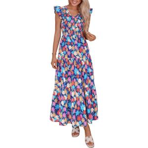 PRETTYGARDEN Women’s Boho Floral Maxi Dress 2026 Summer Smocked V Neck Ruffle Sleeve Spring Flowy Beach Vacation Sundresses(Blue Multicolored Floral)