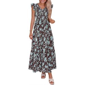 PRETTYGARDEN Women’s Boho Floral Maxi Dress 2026 Summer Smocked V Neck Ruffle Sleeve Spring Flowy Beach Vacation Sundresses(Brown Blue Floral)