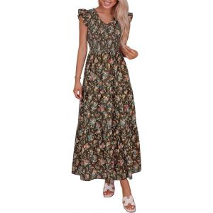 PRETTYGARDEN Women’s Boho Floral Maxi Dress 2026 Summer Smocked V Neck Ruffle Sleeve Spring Flowy Beach Vacation Sundresses(Brown Pink Floral)