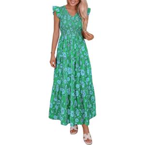 PRETTYGARDEN Women’s Boho Floral Maxi Dress 2026 Summer Smocked V Neck Ruffle Sleeve Spring Flowy Beach Vacation Sundresses(Green White Floral)