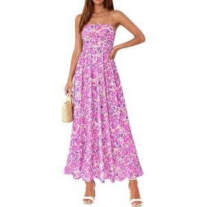 PRETTYGARDEN Womens Boho Maxi Dress 2026 Summer Floral Tube Strapless Spring Wedding Guest Cocktail Long Dresses(Floral Purple)
