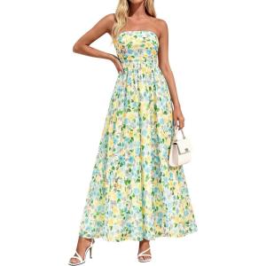 PRETTYGARDEN Womens Boho Maxi Dress 2026 Summer Floral Tube Strapless Spring Wedding Guest Cocktail Long Dresses(Floral White Light Green)