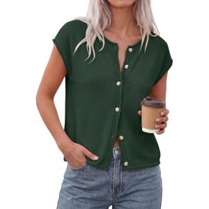 PRETTYGARDEN Womens Cap Short Sleeve Sweater Vest 2026 Spring Summer Lightweight Button Down Cardigans Trendy Loose Tops(Army Green)