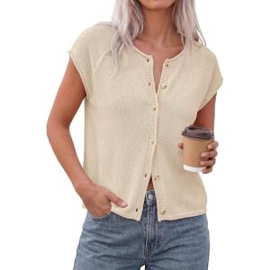 PRETTYGARDEN Womens Cap Short Sleeve Sweater Vest 2026 Spring Summer Lightweight Button Down Cardigans Trendy Loose Tops(Beige)