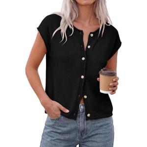 PRETTYGARDEN Womens Cap Short Sleeve Sweater Vest 2026 Spring Summer Lightweight Button Down Cardigans Trendy Loose Tops(Black)