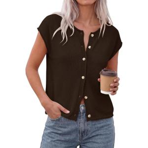 PRETTYGARDEN Womens Cap Short Sleeve Sweater Vest 2026 Spring Summer Lightweight Button Down Cardigans Trendy Loose Tops(Brown)