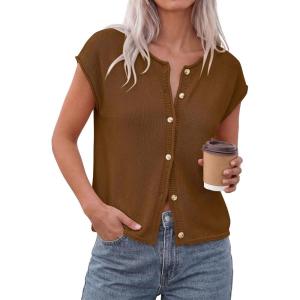 PRETTYGARDEN Womens Cap Short Sleeve Sweater Vest 2026 Spring Summer Lightweight Button Down Cardigans Trendy Loose Tops(Khaki)