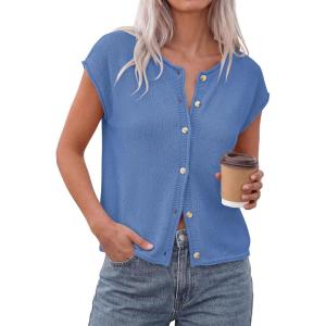 PRETTYGARDEN Womens Cap Short Sleeve Sweater Vest 2026 Spring Summer Lightweight Button Down Cardigans Trendy Loose Tops(Light Blue)