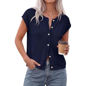 PRETTYGARDEN Womens Cap Short Sleeve Sweater Vest 2026 Spring Summer Lightweight Button Down Cardigans Trendy Loose Tops(Navy Blue)