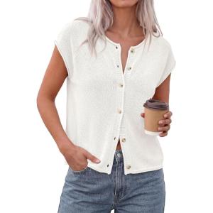 PRETTYGARDEN Womens Cap Short Sleeve Sweater Vest 2026 Spring Summer Lightweight Button Down Cardigans Trendy Loose Tops(White)