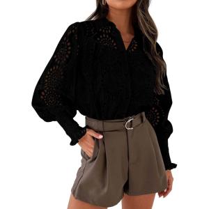 PRETTYGARDEN Women’s Fall Button Down Shirts Dressy Casual Spring Long Puff Sleeve Eyelet Loose Fit Collared Blouse Top(Black)
