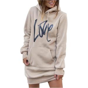 PRETTYGARDEN Women’s Hooded Sweatshirt Fall Fashion Drawstring Lightweight Long Sleeve Pullover Hoodie Dress(Apricot)