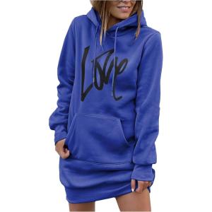 PRETTYGARDEN Women’s Hooded Sweatshirt Fall Fashion Drawstring Lightweight Long Sleeve Pullover Hoodie Dress(Blue)