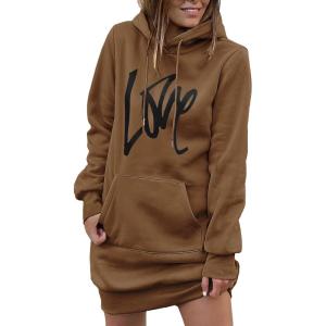 PRETTYGARDEN Women’s Hooded Sweatshirt Fall Fashion Drawstring Lightweight Long Sleeve Pullover Hoodie Dress(Brown)