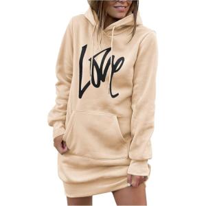 PRETTYGARDEN Women’s Hooded Sweatshirt Fall Fashion Drawstring Lightweight Long Sleeve Pullover Hoodie Dress(Light Apricot)