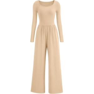 PRETTYGARDEN Womens Jumpsuits Dressy Casual Fall Fashion 2025 Trendy Long Sleeve Wide Leg Rompers Spring Work Office Outfits(Beige)