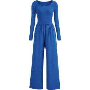 PRETTYGARDEN Womens Jumpsuits Dressy Casual Fall Fashion 2025 Trendy Long Sleeve Wide Leg Rompers Spring Work Office Outfits(Blue)