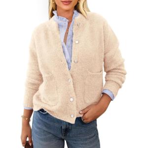 PRETTYGARDEN Women’s Knit Cardigan Sweaters Casual Long Sleeve Open Front Button Up Ribbed Fall Spring Sweater Jackets(Beige)