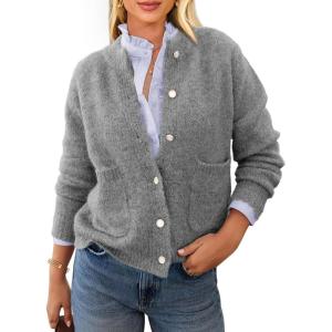 PRETTYGARDEN Women’s Knit Cardigan Sweaters Casual Long Sleeve Open Front Button Up Ribbed Fall Spring Sweater Jackets(Grey)