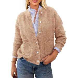PRETTYGARDEN Women’s Knit Cardigan Sweaters Casual Long Sleeve Open Front Button Up Ribbed Fall Spring Sweater Jackets(Khaki)