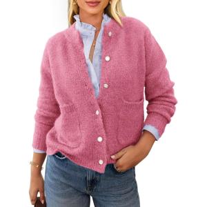 PRETTYGARDEN Women’s Knit Cardigan Sweaters Casual Long Sleeve Open Front Button Up Ribbed Fall Spring Sweater Jackets(Rose Red)
