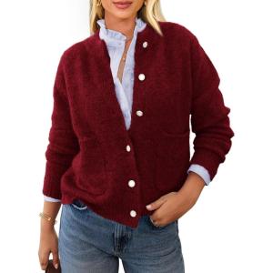 PRETTYGARDEN Women’s Knit Cardigan Sweaters Casual Long Sleeve Open Front Button Up Ribbed Fall Spring Sweater Jackets(Wine Red)