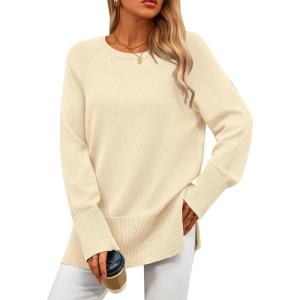 PRETTYGARDEN Women’s Knit Fall Sweaters Long Sleeve Pullover Crewneck Split Hem Oversized Tunic Sweater Tops Winter Clothing(Beige)