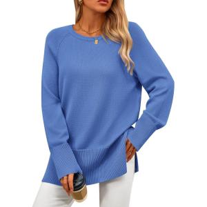 PRETTYGARDEN Women’s Knit Fall Sweaters Long Sleeve Pullover Crewneck Split Hem Oversized Tunic Sweater Tops Winter Clothing(Blue)