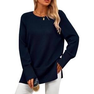 PRETTYGARDEN Women’s Knit Fall Sweaters Long Sleeve Pullover Crewneck Split Hem Oversized Tunic Sweater Tops Winter Clothing(Navy)