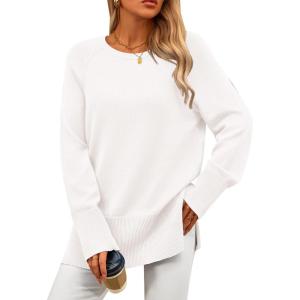 PRETTYGARDEN Women’s Knit Fall Sweaters Long Sleeve Pullover Crewneck Split Hem Oversized Tunic Sweater Tops Winter Clothing(White)