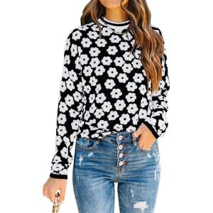 PRETTYGARDEN Women’s Knit Floral Print Sweater Crewneck Long Sleeve Lightweight Pullover Sweatshirt(Black)