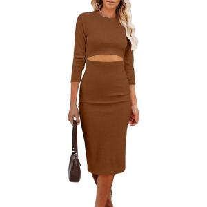 PRETTYGARDEN Women’s Long Sleeve Midi Bodycon Dresses Casual Crewneck Cut Out Ribbed Knit Fitted Pencil Dress(Brown)