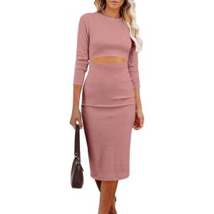 PRETTYGARDEN Women’s Long Sleeve Midi Bodycon Dresses Casual Crewneck Cut Out Ribbed Knit Fitted Pencil Dress(Dusty Pink)