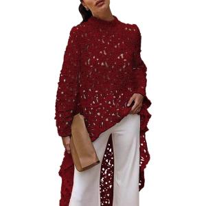 PRETTYGARDEN Women’s Long Sleeve Round Neck High Low Asymmetrical Irregular Hem Casual Tops Blouse Shirt Dress(Wine Red)