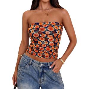 PRETTYGARDEN Women’s Mesh Floral Strapless Bandeau Crop Top(Dark Blue Orange Red)