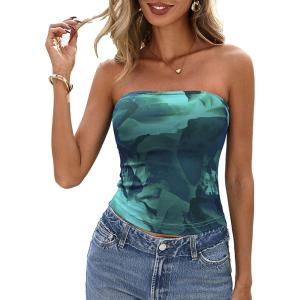 PRETTYGARDEN Women’s Mesh Floral Strapless Bandeau Crop Top(Lake Blue)