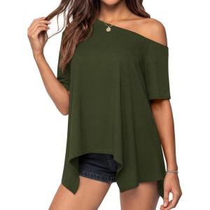 PRETTYGARDEN Womens Off The Shoulder Summer Tops Short Sleeve Tunic Blouse 2026 Casual Spring Asymmetrical Oversized Tshirts(Army Green)